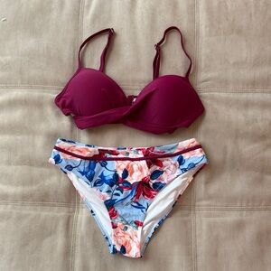 Cupshe Burgundy and Floral Bikini Set